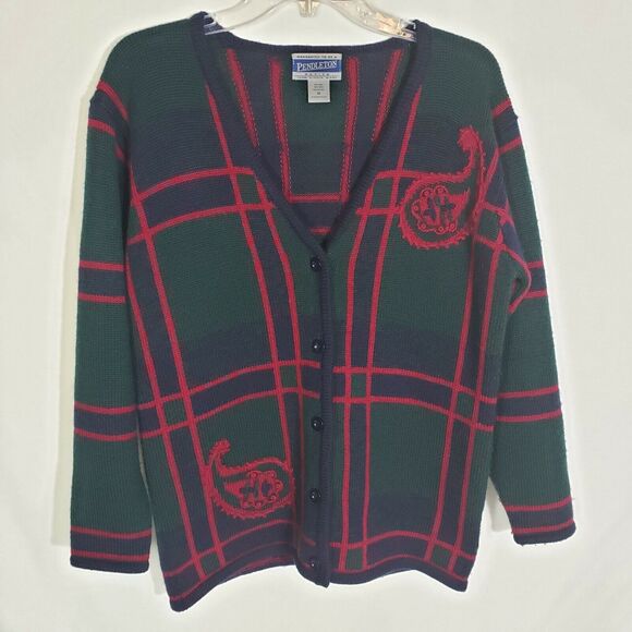 Pendleton Women's Sweater Petite Medium Cardigan Wool Button Front V-Neck Green - Picture 3 of 11
